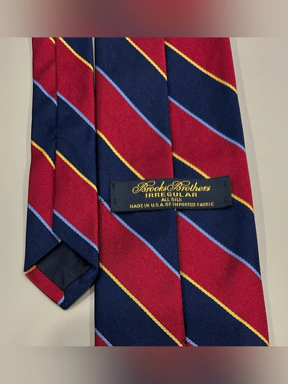 Vintage 90’s Brooks Brothers Red & Navy Stripe Tie w/ Gold Accents Made in USA